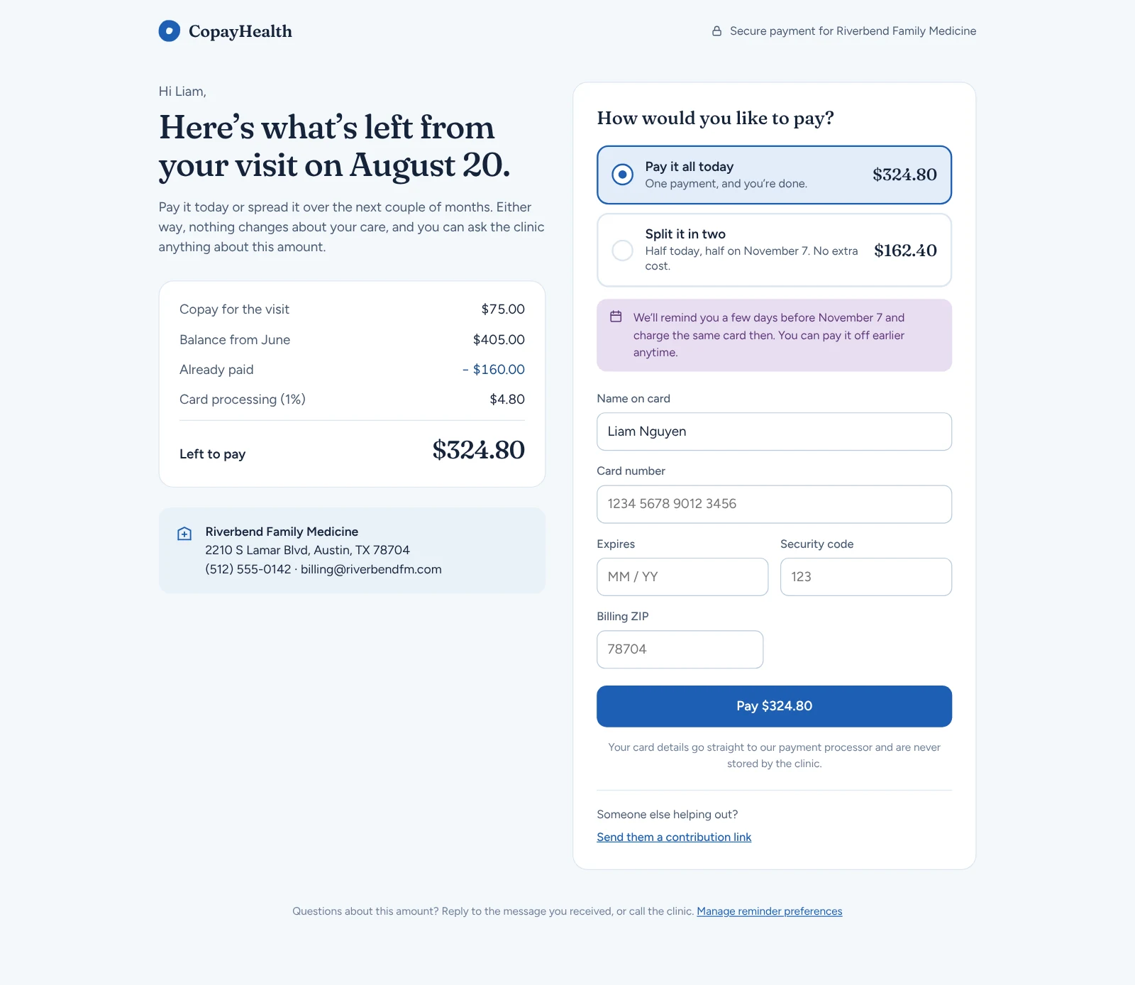 Copay Health: Patient payment page: pay now or split