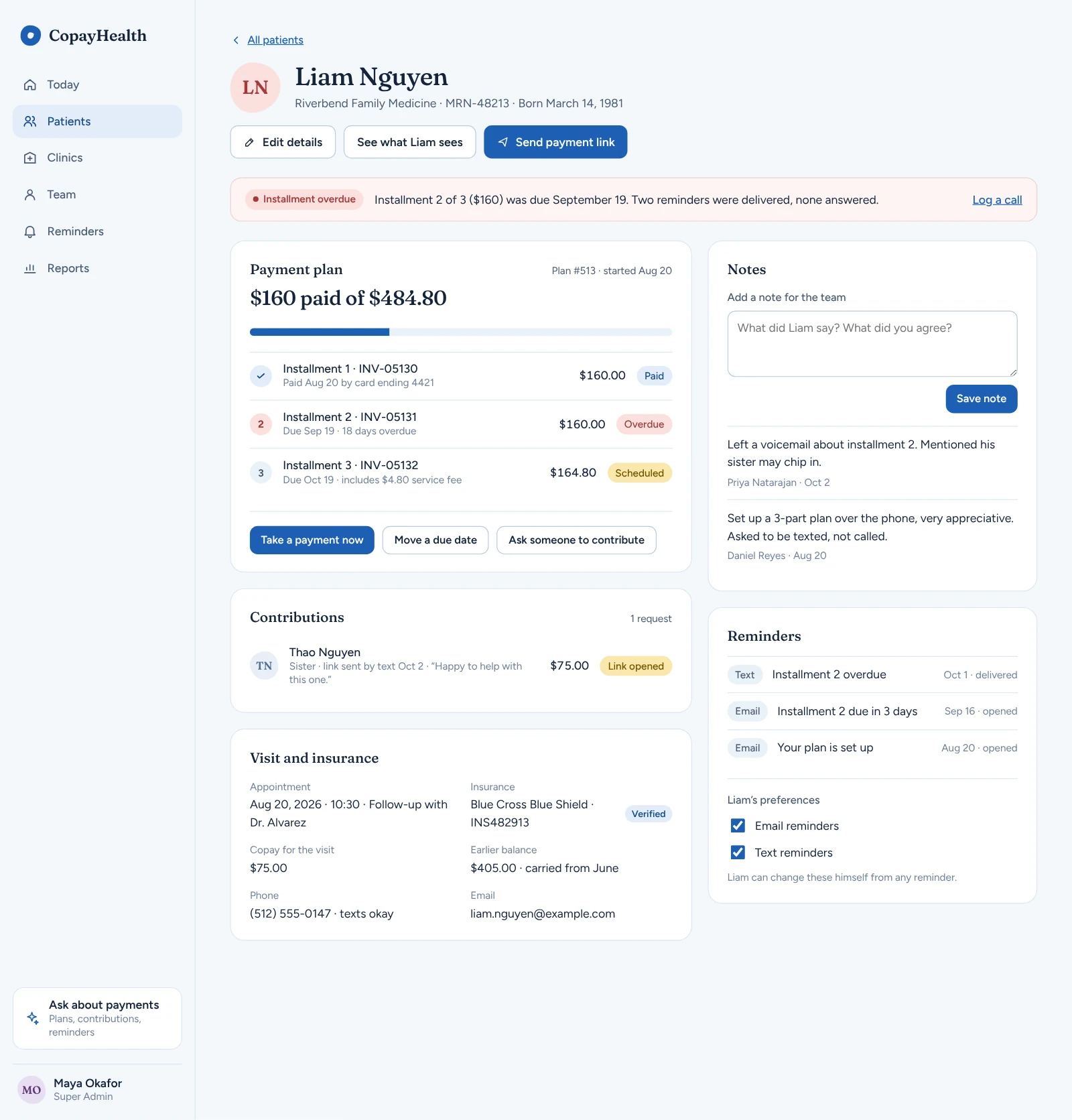 Copay Health: Patient payment plan, contributions and reminders